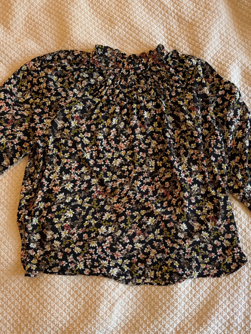 LOFT Black Floral Smocked Neck Blouse